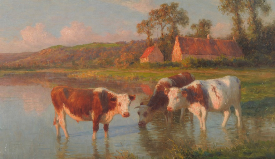 Félix Planquette 1873-1964 the cows at the edge of a pond at dusk